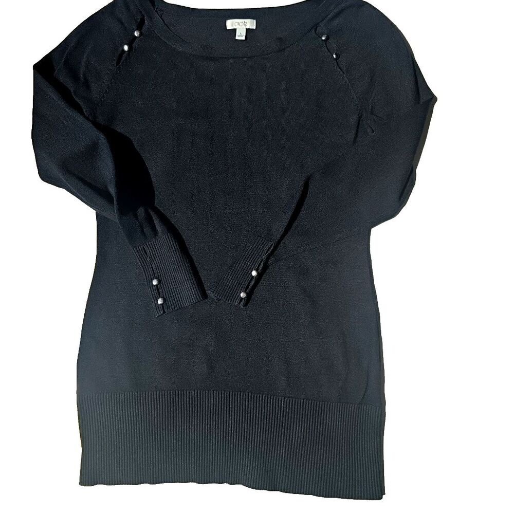 Vintage CACHE Sweater Mini Dress or Long Top L Silver Buttons Retro 80s Black